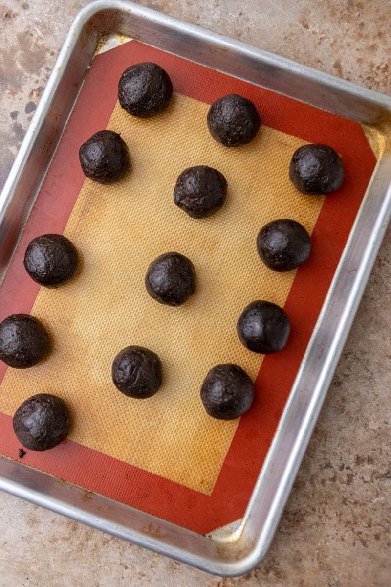 Oreo truffles on a baking sheet