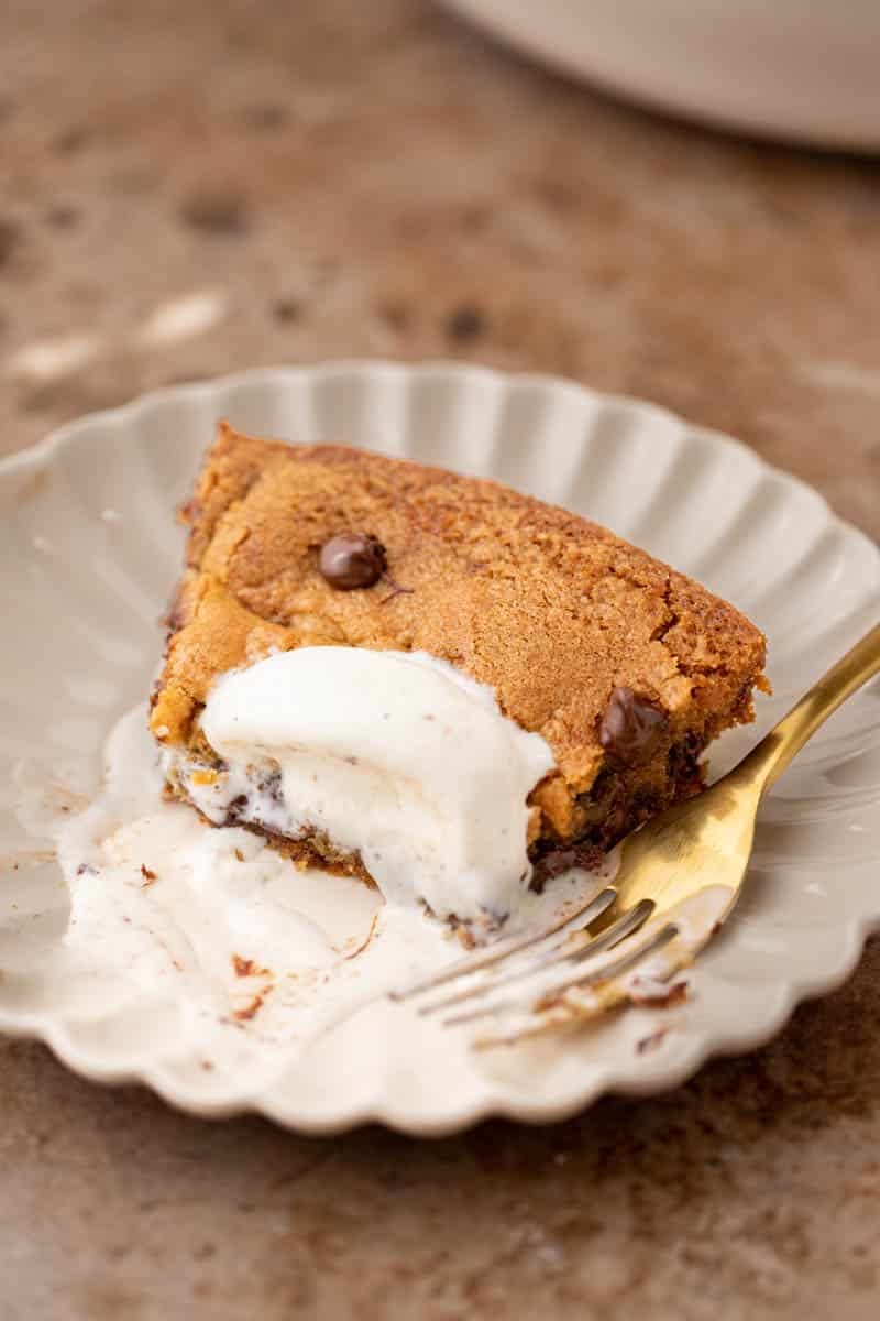 Slice of skillet cookie on a plate