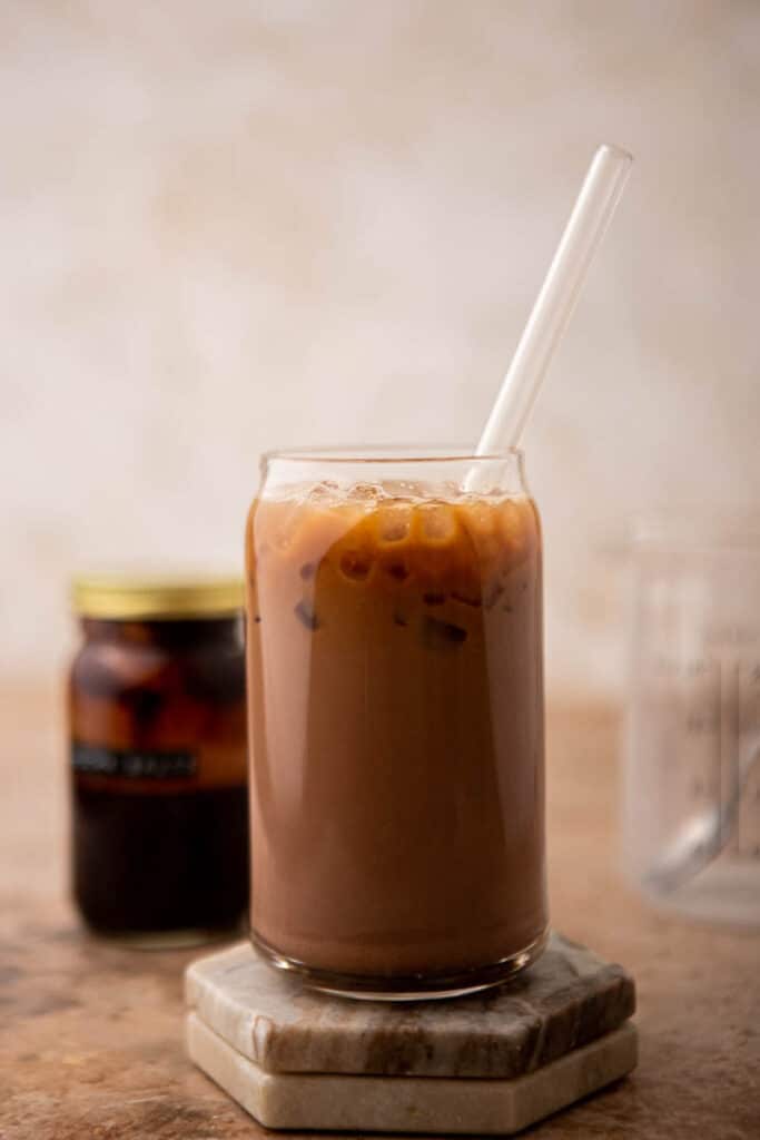 Iced mocha latte in a tall glass