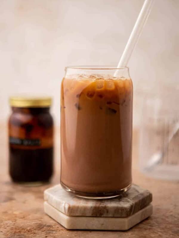 Iced mocha latte in a tall glass