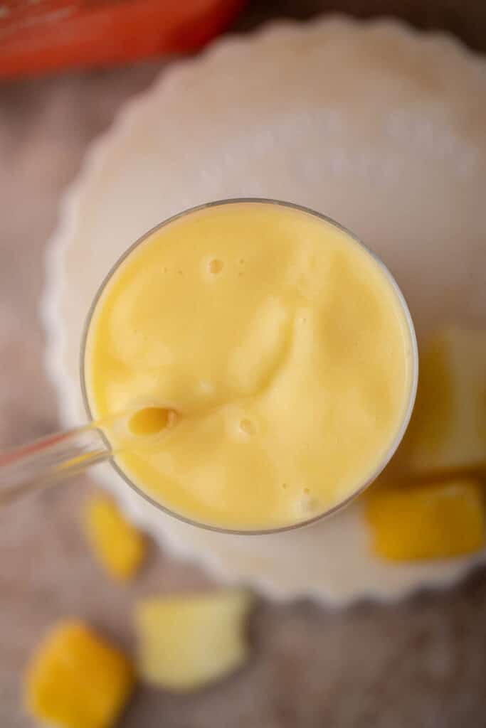 Overhead shot of Mcdonald's mango pineapple smoothie 