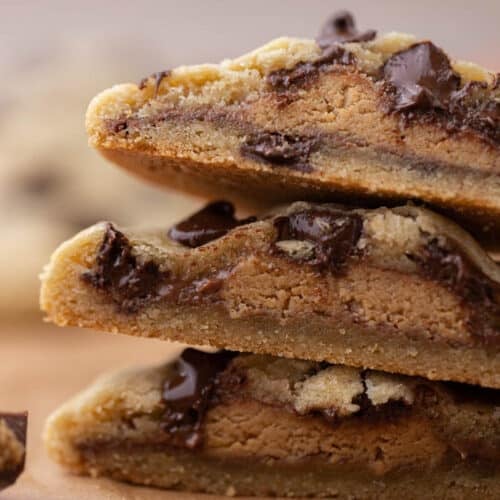 Close up of peanut butter cup stuffed chocolate chip cookies
