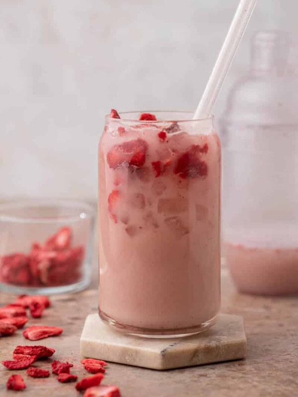 Starbucks pink drink in a glass