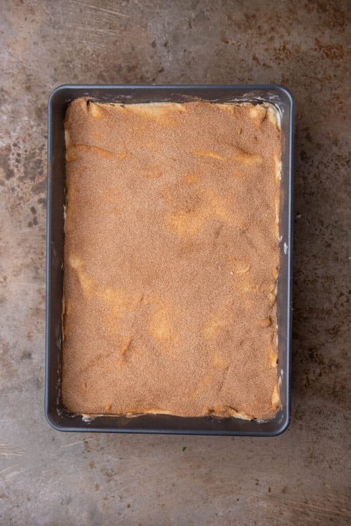 Raw cheesecake bars in a pan