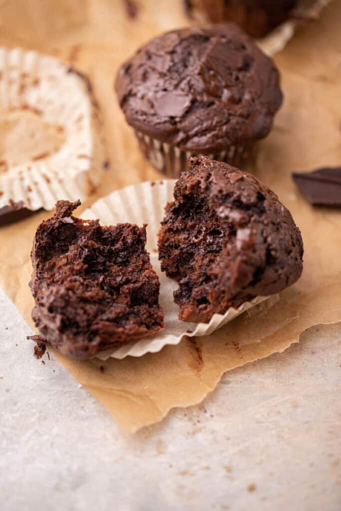 Double chocolate muffin broken in half