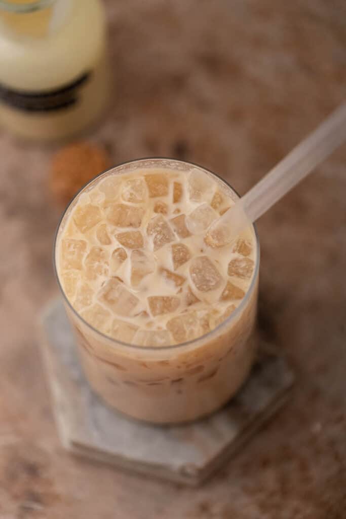 Iced white chocolate mocha latte in a glass