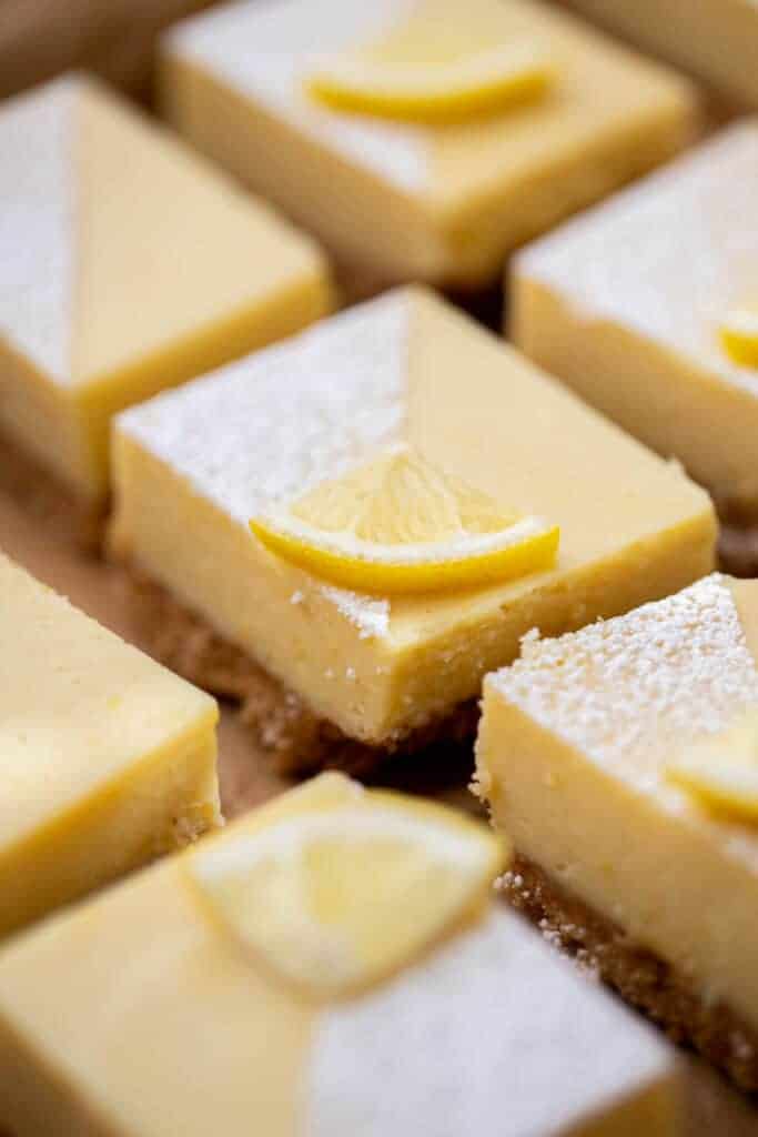 Lemon bar slices on baking pan