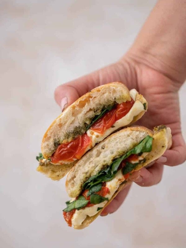 Hand holding sandwich cut in half