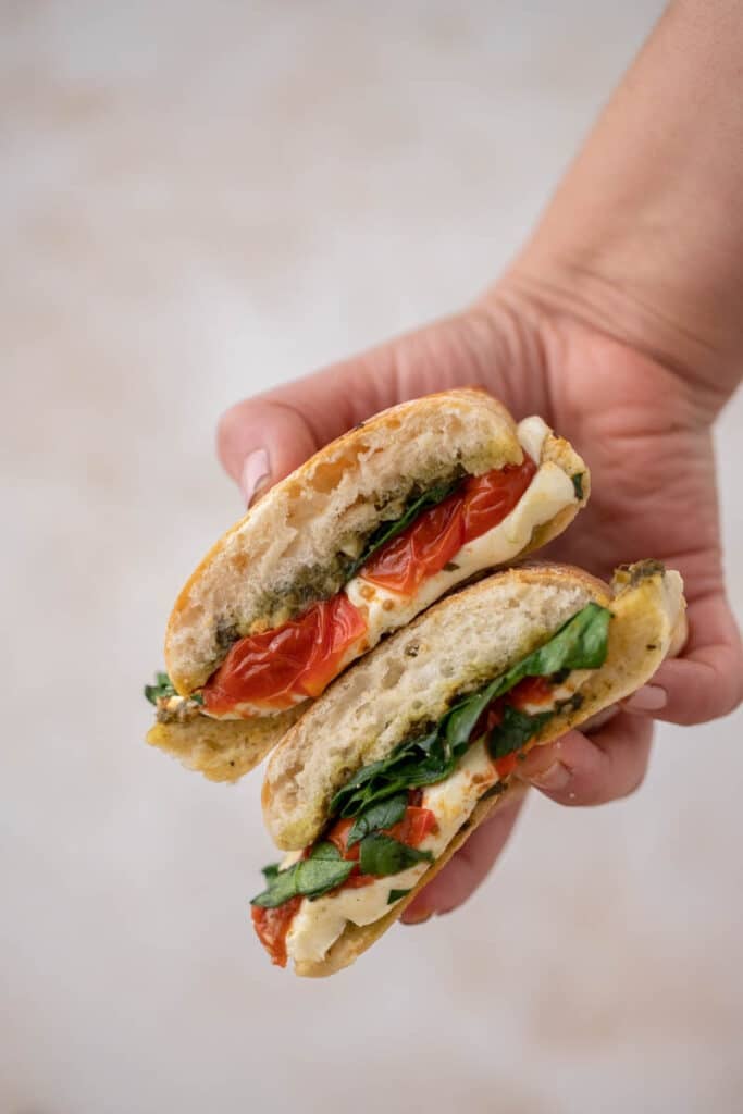 Hand holding sandwich cut in half