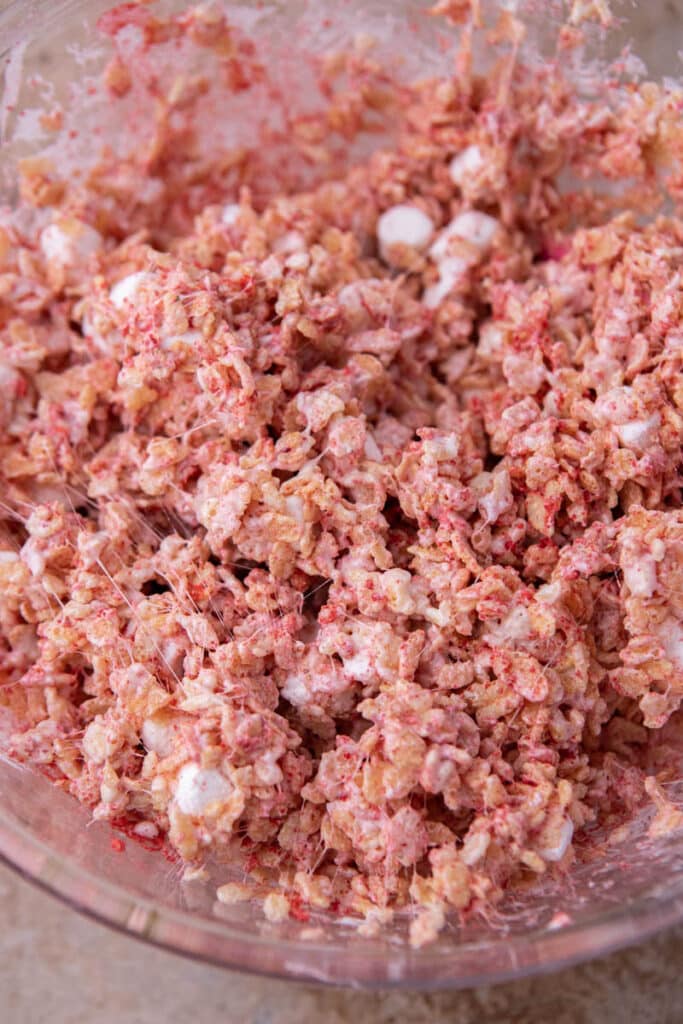 Strawberry rice krispy cereal in a bowl