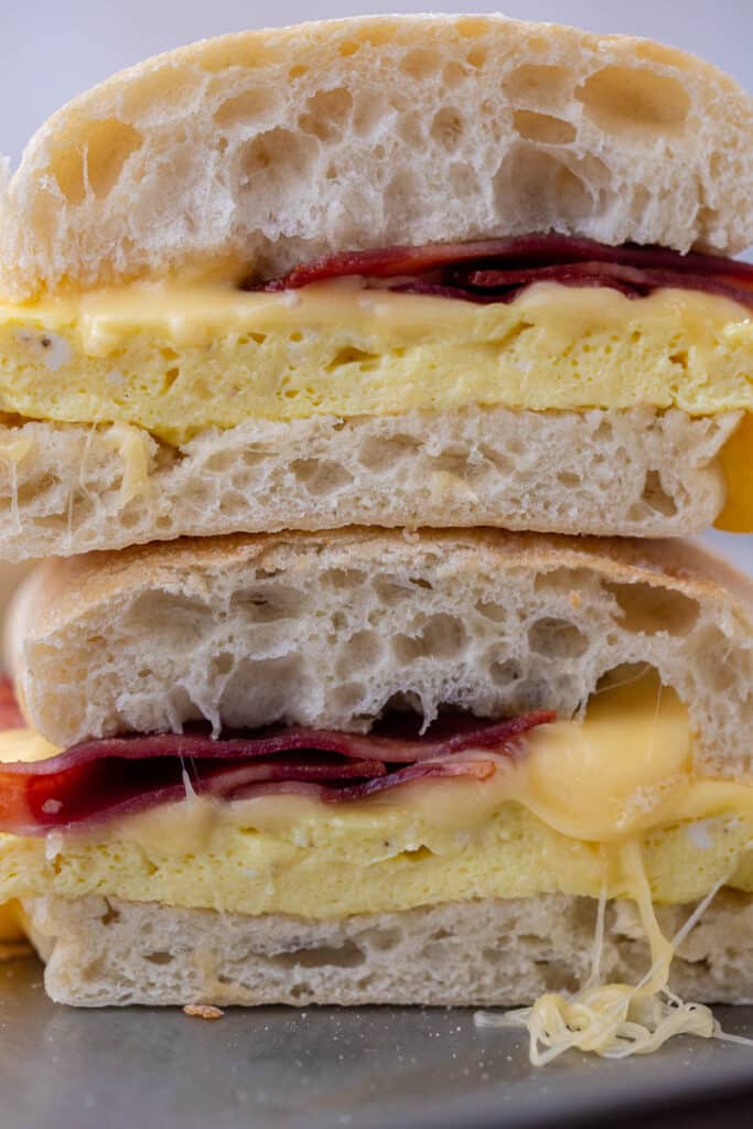Close up of starbucks bacon gouda breakfast sandwich