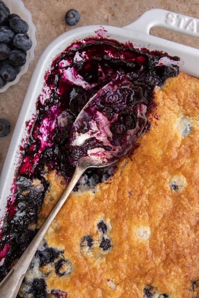 Close up of blueberry cobbler casserole