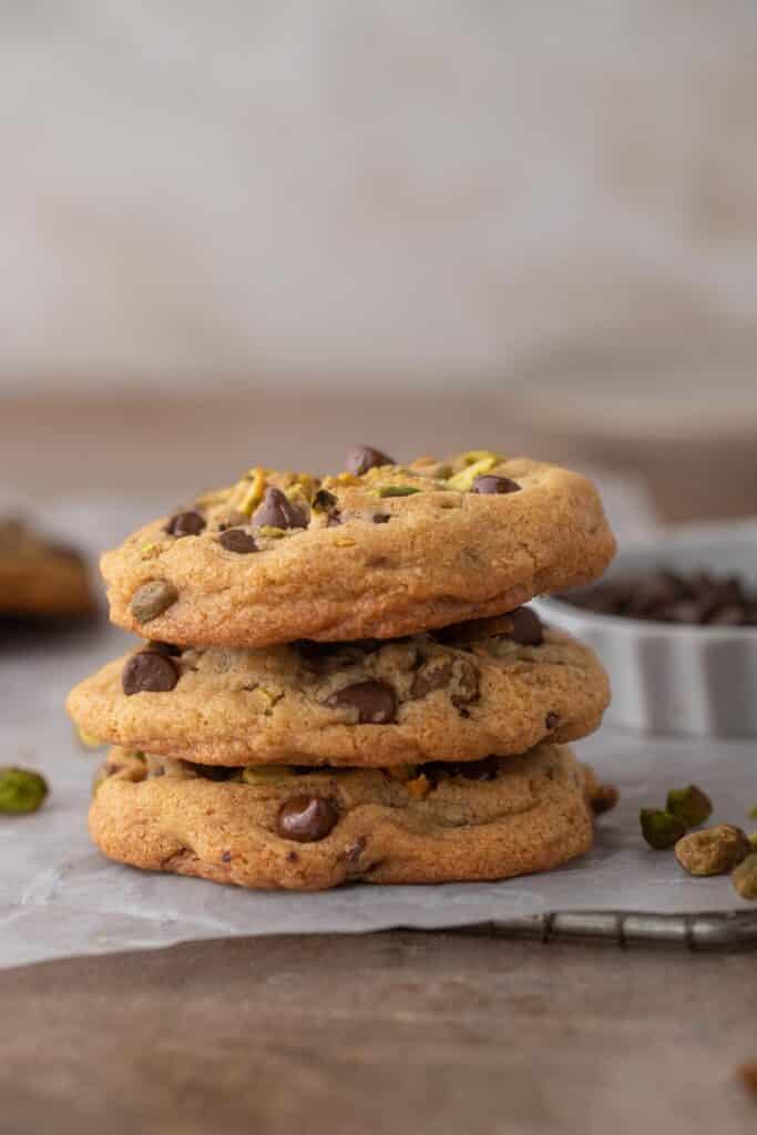 Stack of pistachio chocolate chip cookies