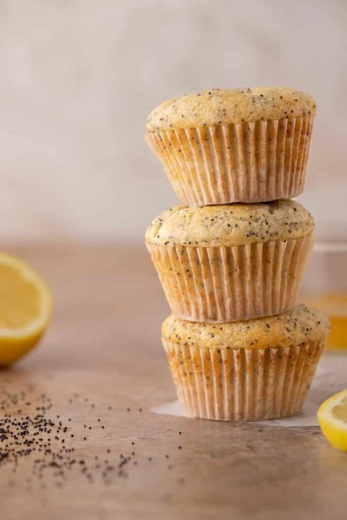 Stack of lemon poppy seed muffins