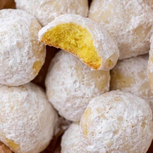 close up of lemon snowball cookies