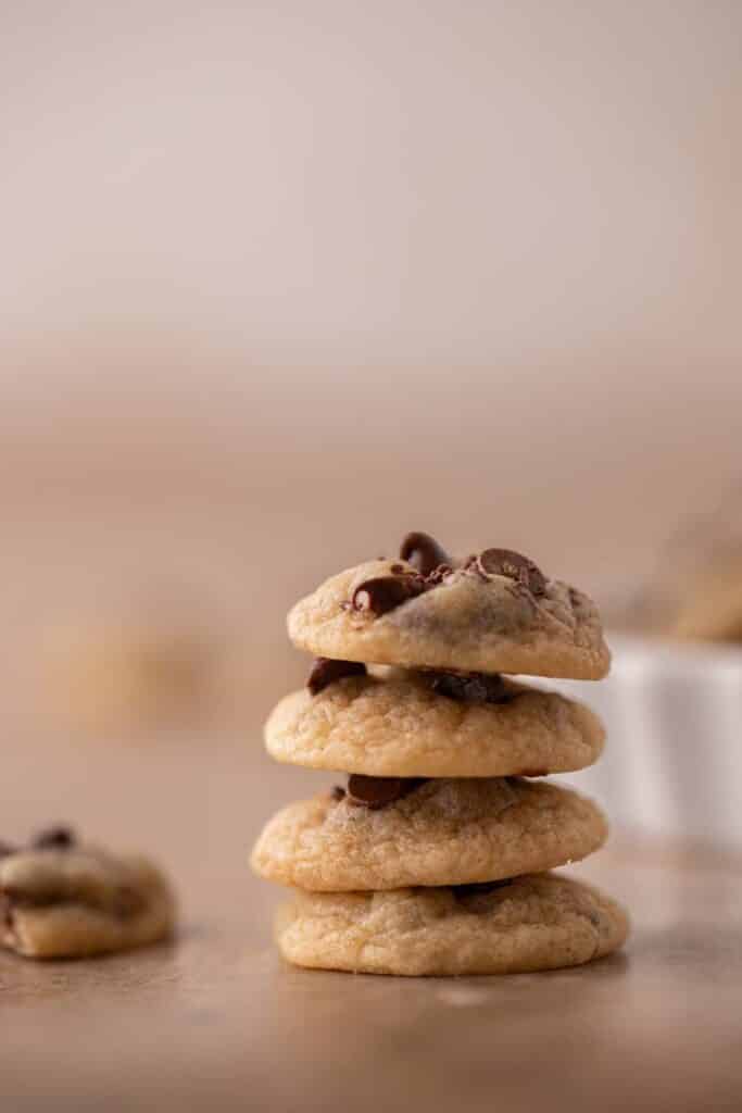 Mini chocolate chip cookies stacked