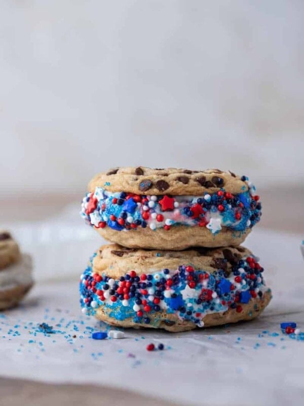 Patriotic ice cream cookie sandwich stacked