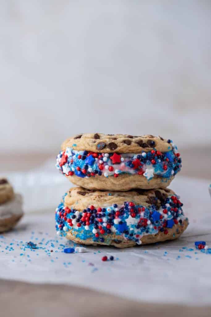 Patriotic ice cream cookie sandwich stacked