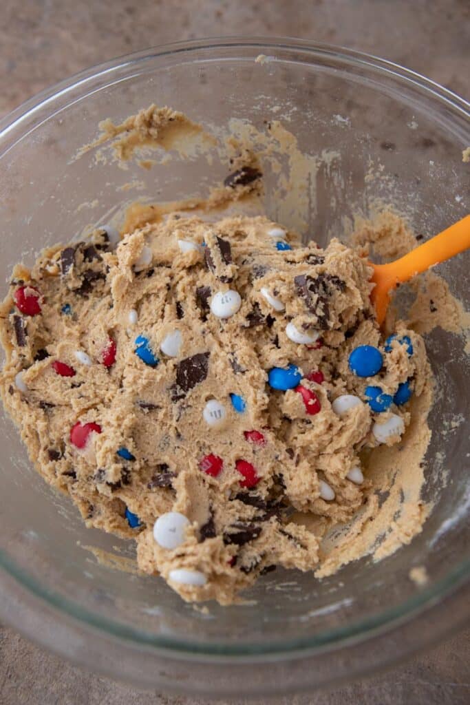 m&m's cookie dough in a bowl