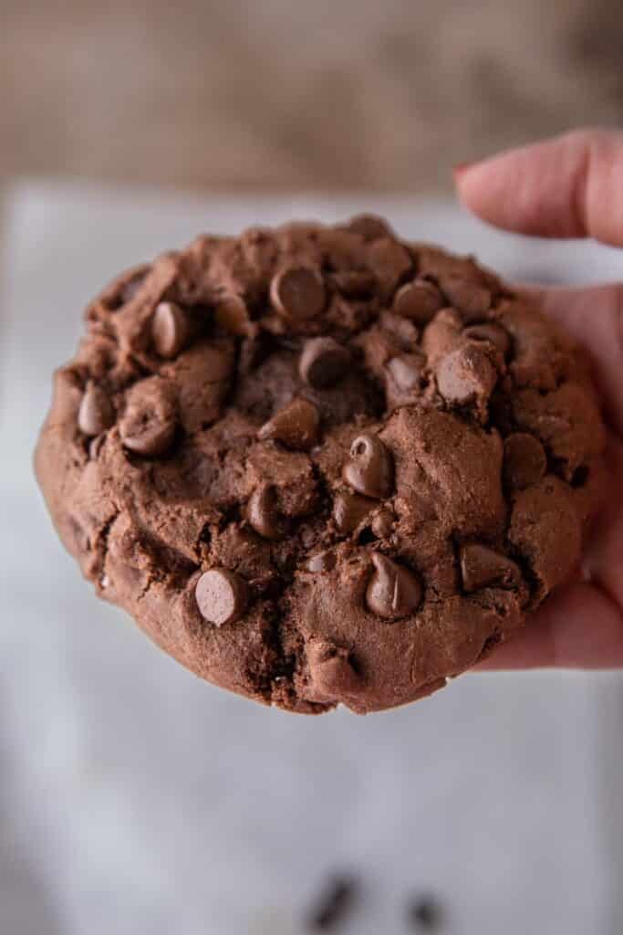Hand holding single serve double chocolate cookies