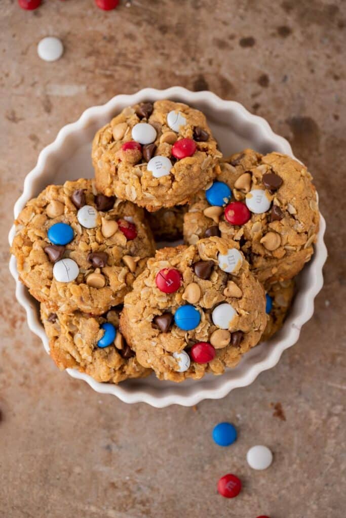 Overhead shot of a plate with patriotic monster cookies