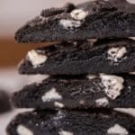 Close up of Crumbl chocolate cookies and cream cookies