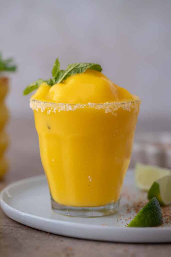Close up shot of frozen mango margaritas