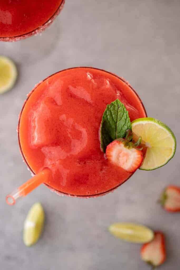 Overhead shot of strawberry margarita blended