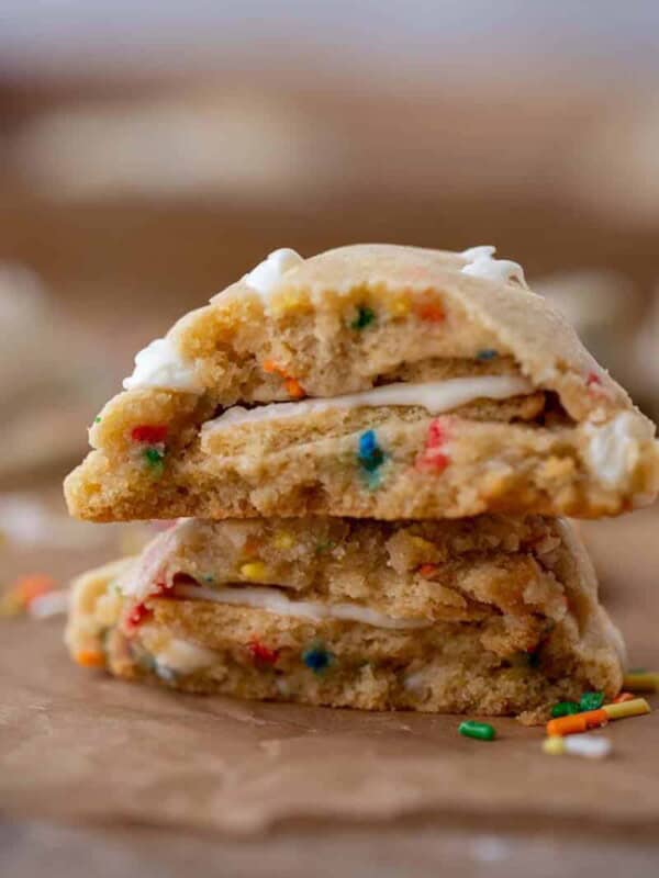 Stack of funfetti Oreo stuffed cookies