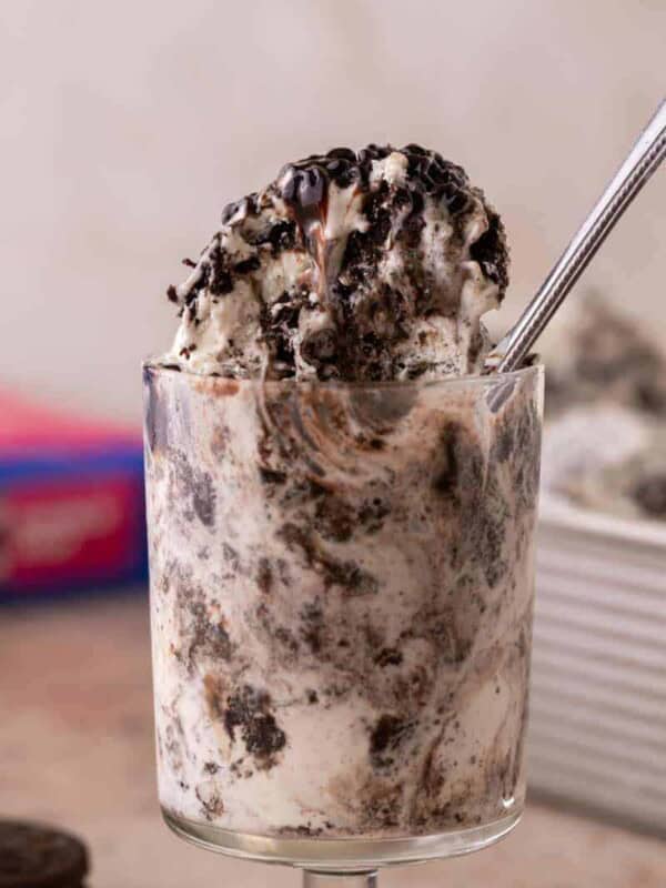Close up of Oreo ice cream with chocolate sauce