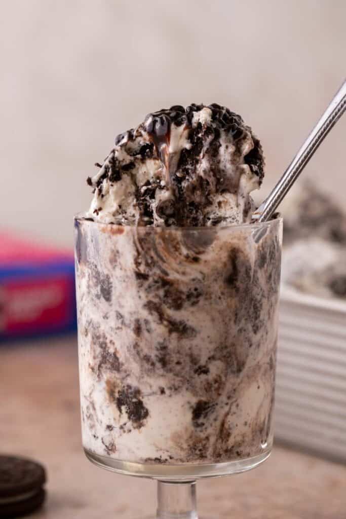 Close up of Oreo ice cream with chocolate sauce