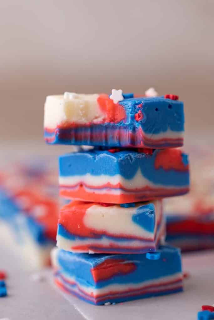 Stack of red white and blue fudge stacked