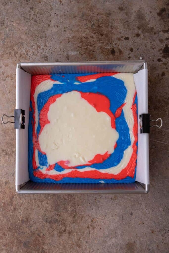 Red white and blue fudge in a pan 