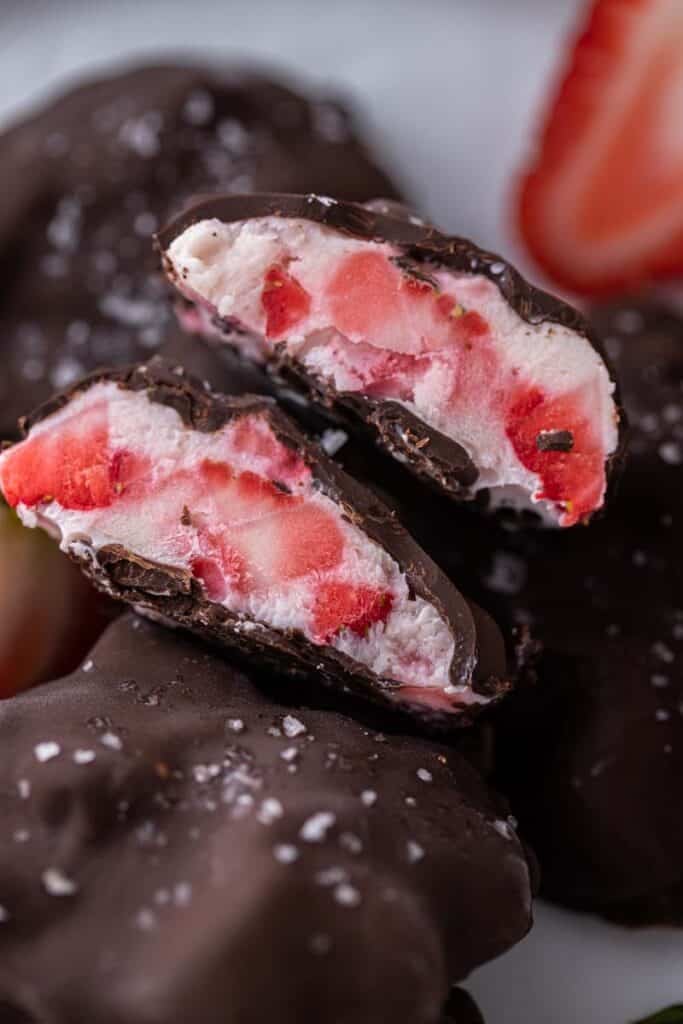 Viral chocolate strawberry yogurt clusters Sliced in half
