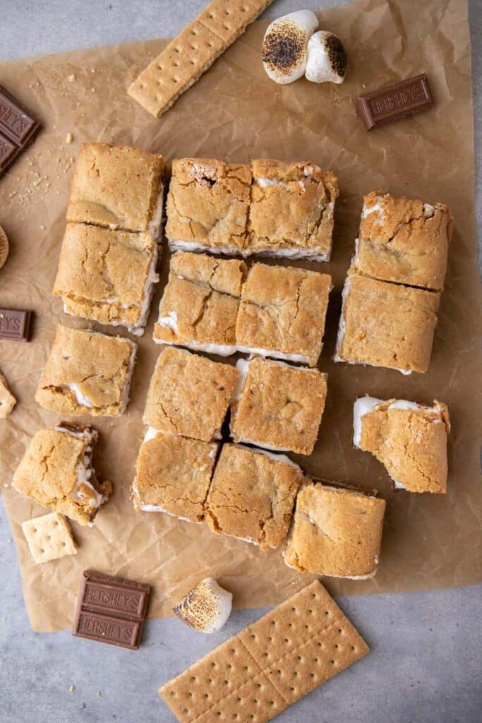Sliced s'mores bars on the counter
