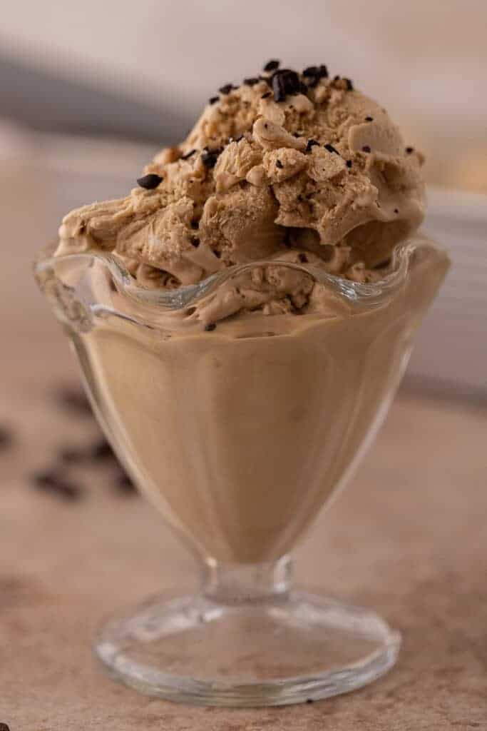 Close up of no churn coffee ice cream in a glass