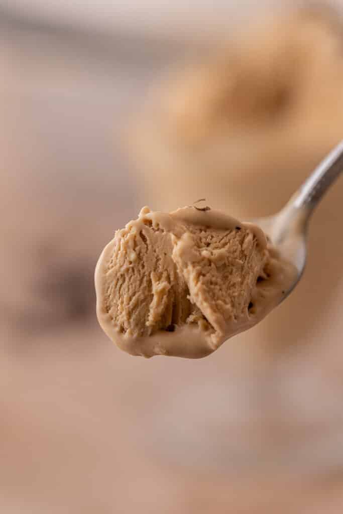 Coffee ice cream on a spoon