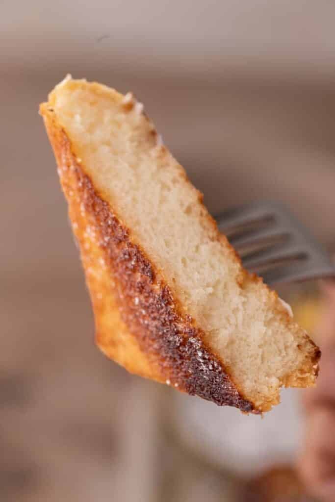 Cinnamon sugar toast piece on fork