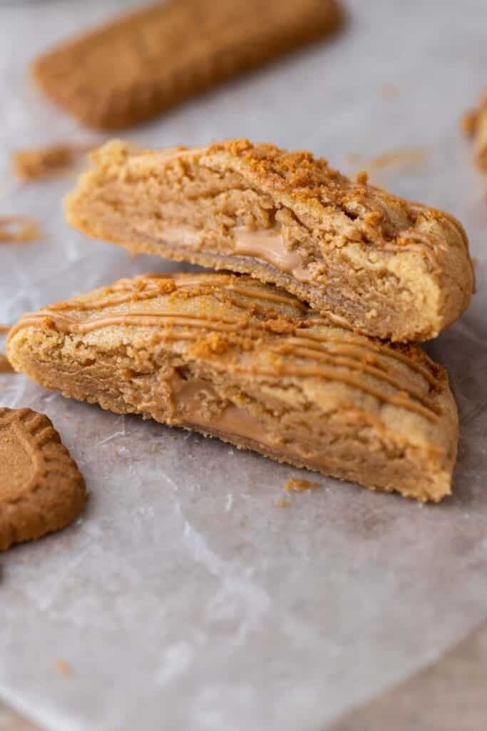 Close up of Crumbl cookies sliced in half
