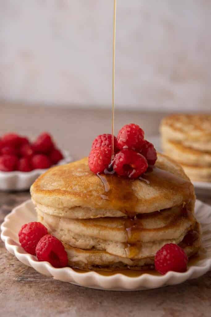 No milk pancakes with maple syrup on top