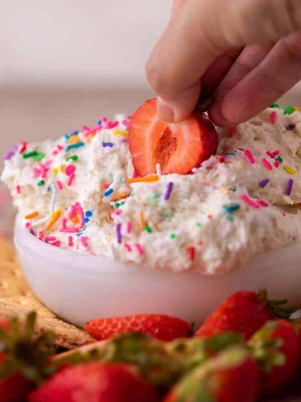 Strawberry dipped in funfetti dip recipe