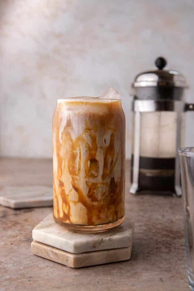Iced caramel coffee in a tall glass