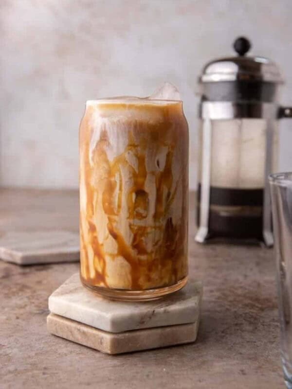 Iced caramel coffee in a tall glass