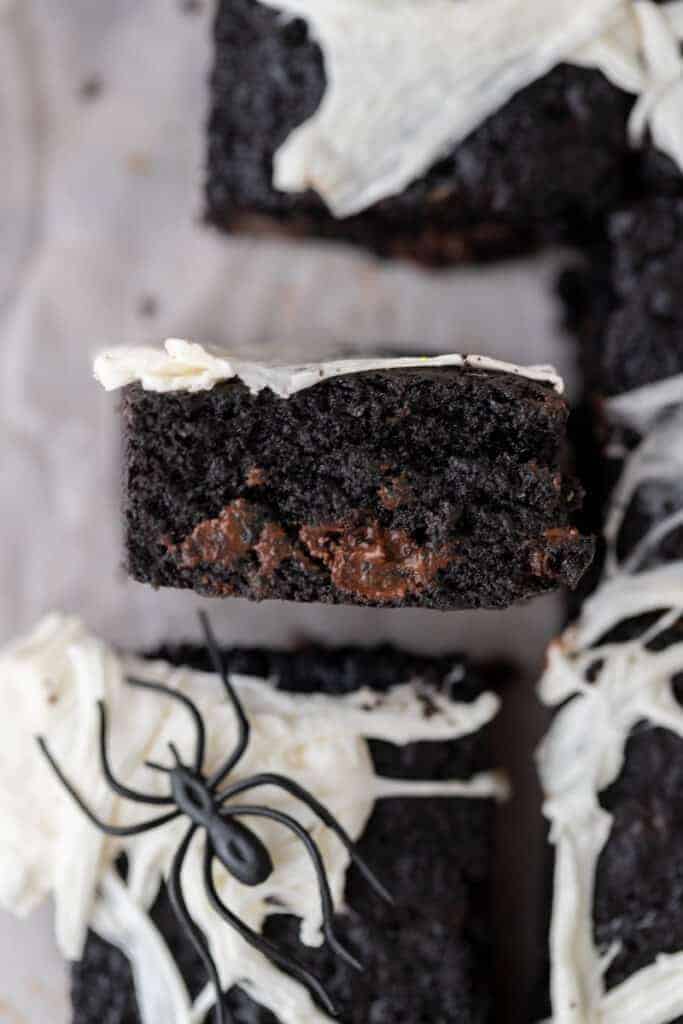 Overhead shot of fudgy black cocoa powder brownies