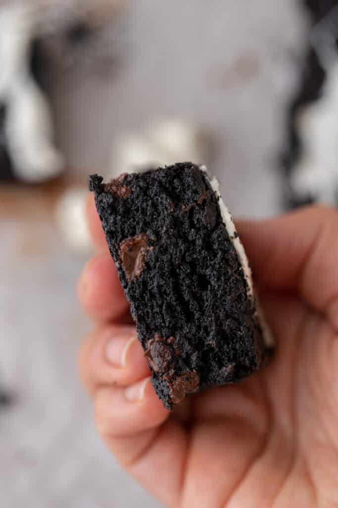 hand holding black cocoa powder brownie