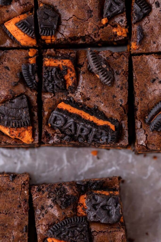 Close up of Halloween Oreo brownies