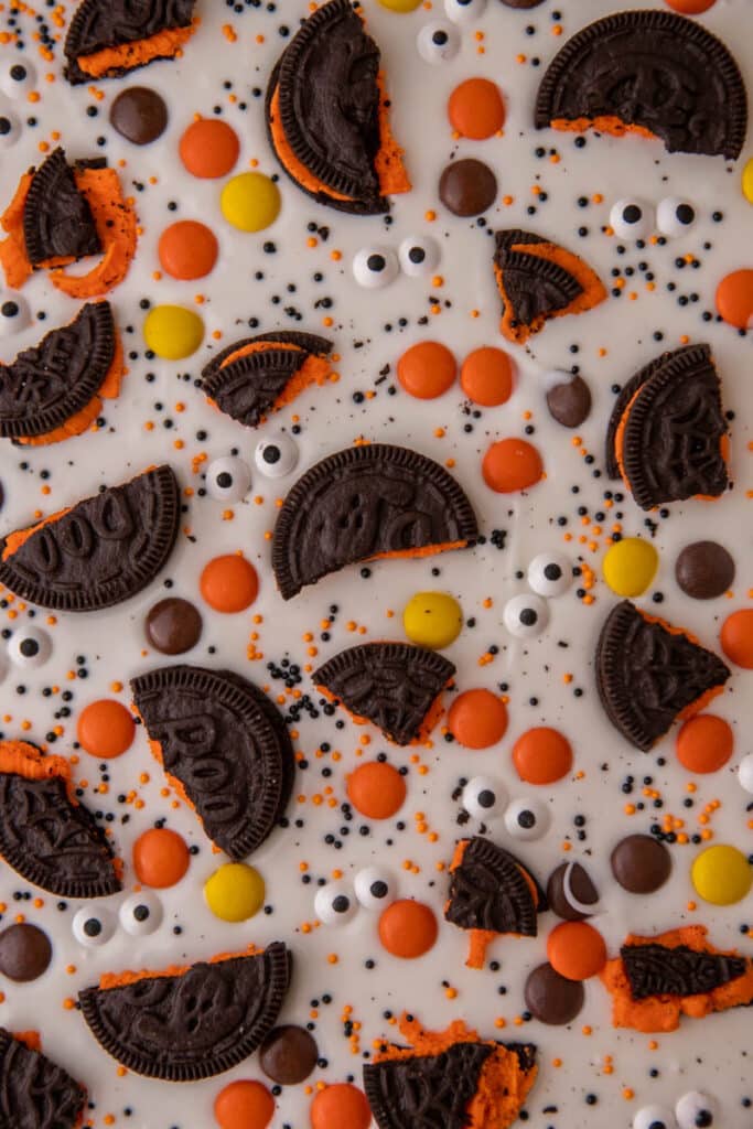 Close up of spooky halloween candy bark