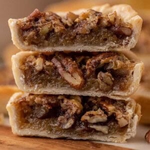 Close up of mini pecan pie cut in half