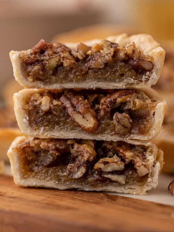 Close up of mini pecan pie cut in half