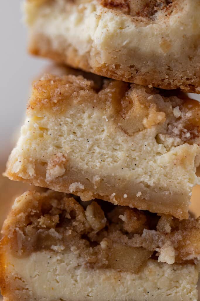 Close up of the layers on the apple cheesecake bars
